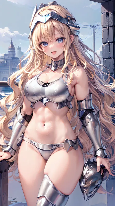 Very detailed、highest quality、Best image quality、masterpiece、8k、Anime Face、A kind smile、(Open your mouth:1.5)、Sparkling blue eyes、(Blonde wavy hair:1.5)、Muscles of the whole body、camisole、Thigh belt、mini skirt、(Wearing silver bikini armor:1.5)、(Cowboy Shot...