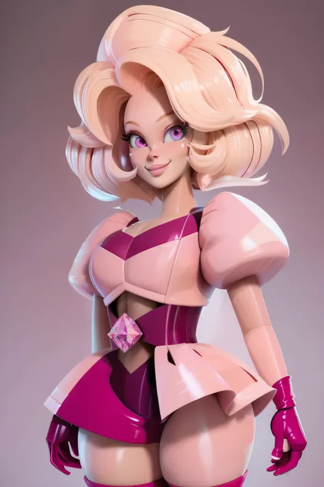 pnkdamond, pink hair, pink eyes,  big hair,  stomach gem,  pink skin,  toned, 
puffy short sleeves, elbow gloves ,  white thighhighs,   puffy dress, 
standing, upper body, 
 outerspace,  
(insanely detailed, beautiful detailed face,beautiful detailed eyes,...