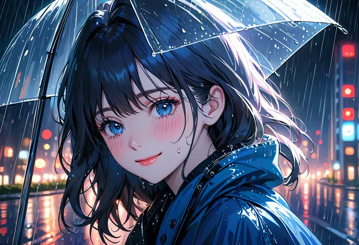 One girl,City of night,rain,coat,Put your hands in your pockets,best quality, highres, ultra-detailed, realistic:1.37, Close to cold colors,reduce saturation, portrait, soft lighting, long eyelashes, sparkling eyes, glossy lips, detailed skin, retro patter...