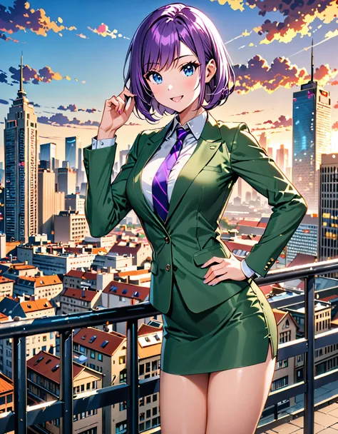 masterpiece, best quality, highres, 1girl, solo, green suit and tie, pencil skirt, miniskirt, bare legs, matching shoes, looking at viewer, city backdrop, perfect hands, perfect eyes, perfect legs, perfect arms, perfect fingers, medium breasts, standing, p...