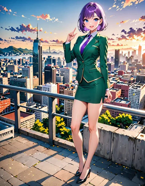 masterpiece, best quality, highres, 1girl, solo, green suit and tie, pencil skirt, miniskirt, bare legs, matching shoes, looking at viewer, city backdrop, perfect hands, perfect eyes, perfect legs, perfect arms, perfect fingers, medium breasts, standing, p...