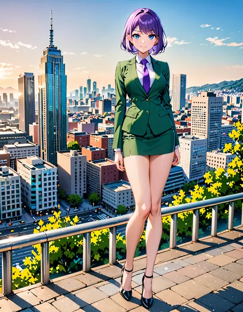 masterpiece, best quality, highres, 1girl, solo, green suit and tie, pencil skirt, miniskirt, bare legs, matching shoes, looking at viewer, city backdrop, perfect hands, perfect eyes, perfect legs, perfect arms, perfect fingers, medium breasts, standing, p...