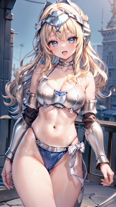 Very detailed、highest quality、Best image quality、masterpiece、8k、Anime Face、A kind smile、(Open your mouth:1.5)、Sparkling blue eyes、(Blonde wavy hair:1.5)、Muscles of the whole body、camisole、Thigh belt、mini skirt、(Wearing silver bikini armor:1.5)、(Cowboy Shot...