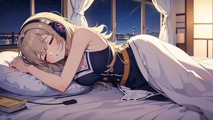 Beautiful girl sleeping in bed listening to music on headphones in a room　The starry sky outside the room is beautiful.　Japanese anime style