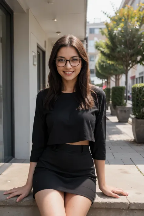 Mujer ejecutiva esperando a su cliente, mujer con gafas negras en un lugar con luz natural del exterior de su oficina, leve sonrisa y falda.distinta postura de la mujer.
