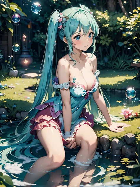 (masterpiece、highest quality、highest quality、Official Art、Beautiful and beautiful:1.2)、(One girl:1.3)Hatsune Miku、Twin tails,Beautiful breasts,High Quality Fantasy Comedy Anime Illustration. Innocent girl catching magic soap bubbles with her hands, The lit...