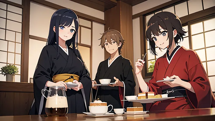 A couple enjoying cake and coffee　Japanese anime style