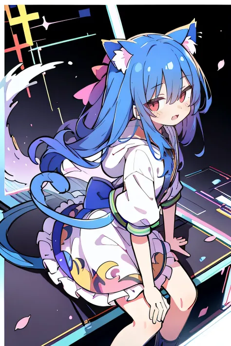 （masterpiece：1.2），Super detailed，lifelike，Expressive eyes，fair skin，perfect face shape，1 girl，
Japanese comics,Gorgeous blue hair,flowing blue hair,flowing clothes,Cat ears,Petals fall,beautiful lola,Baby Angel,
Shaking head with one hand，Cross your legs，G...