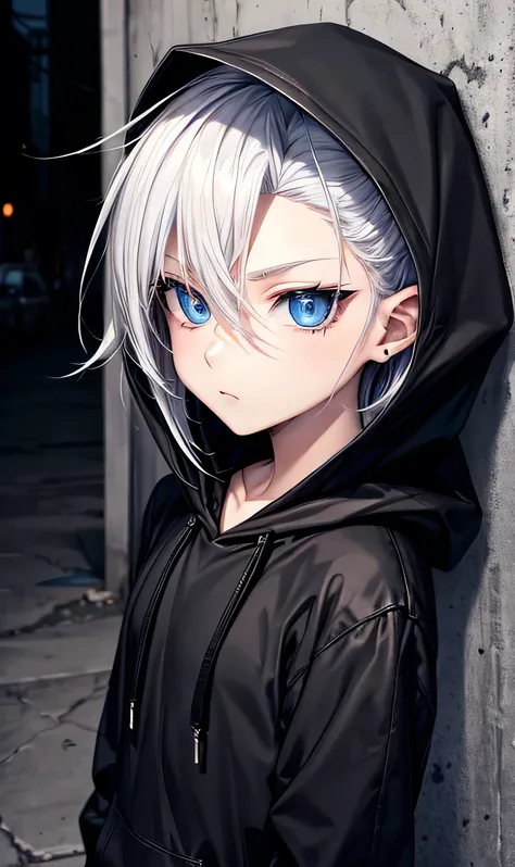 Black hoodie,Wearing a hood,
male,silver hair,Spiky Hair,Visual Kei,On the face,Slums,Beautiful Blue Eyes,