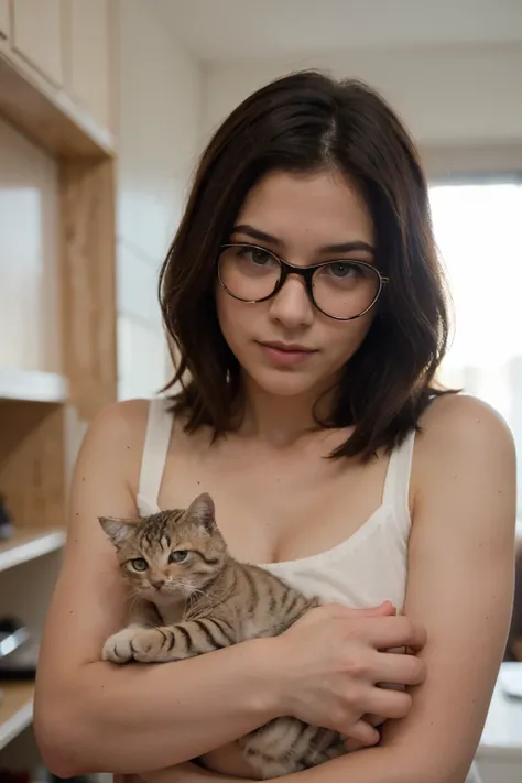 ((mejor calidad)), ((Obra maestra)), (detallado), cara perfecta, chica morenita con lentes de cabello ondulado, agarrando un gatito bebe con pelaje blanco y ojos de color azul