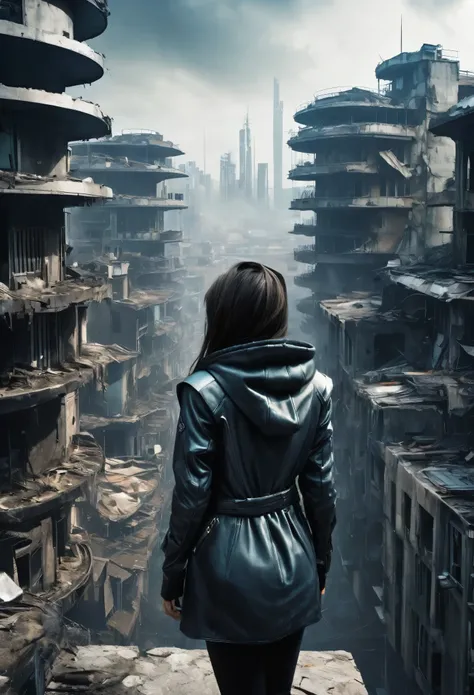 image taken from above and behind the shoulder of a GIRL with her back turned and DRESSED IN A HOOD from a second floor balcony of a dilapidated futuristic building, She is looking at an aerial view of an ultra-futuristic North American megalopolis, distop...