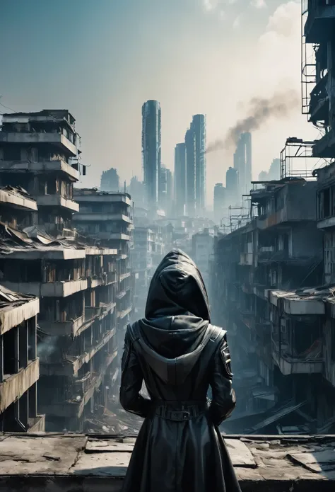 image taken from behind the shoulder of a GIRL with her back turned and DRESSED IN A HOOD from a second floor balcony of a dilapidated futuristic building, She is looking at an aerial view of an ultra-futuristic North American megalopolis, distopia, curved...