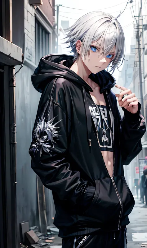 Black hoodie,Wearing a hood,
male,silver hair,Spiky Hair,Visual Kei,On the face,Slums,Beautiful Blue Eyes,Jewelry Eye