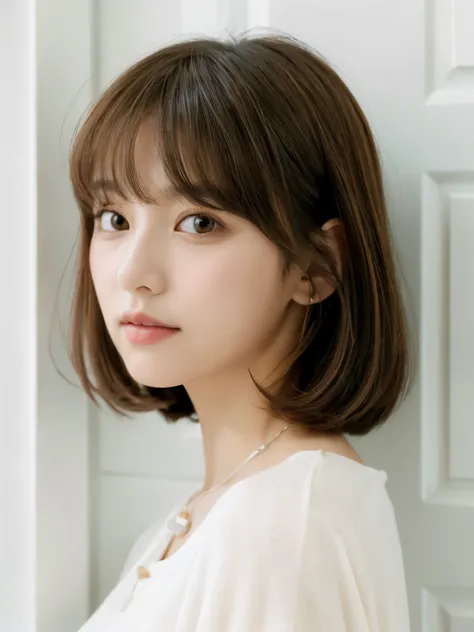 close-up of a brown-haired woman in a white shirt, shoulder-length hair, shoulders - length hair, medium length hair, curtain ba...