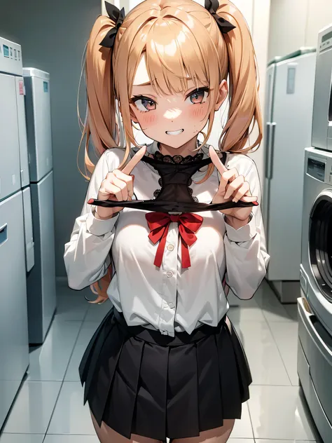 one girl,
laundry room,washing machine, laundry basket, a few underwears are in a laundry basket,
blonde, {{{half twin tail:1.3}...