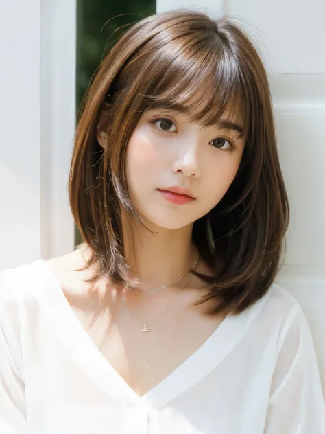 close-up of a brown-haired woman in a white shirt, shoulder-length hair, shoulders - length hair, medium length hair, curtain ba...