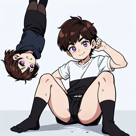 A 12-year-old boy with brown hair and purple eyes with white skin wearing a black shirt and black shorts with long wine-colored socks with a smile 