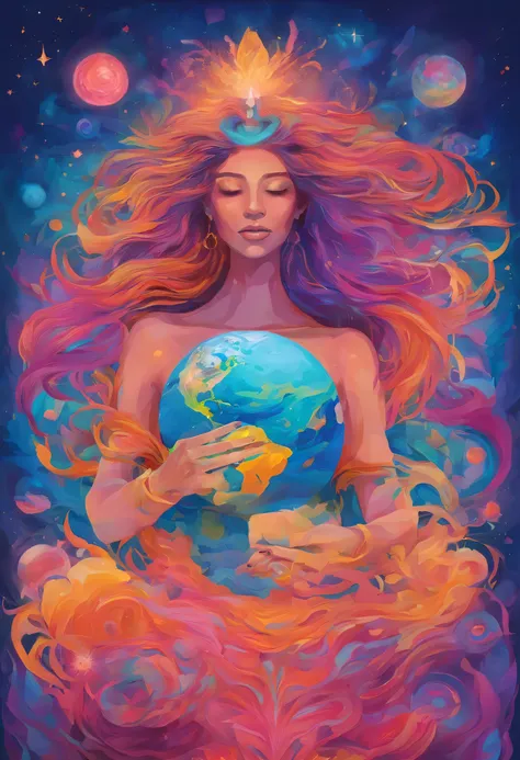 crie um desenho de um  Uma figura feminina, a mysterious goddess holds the illuminated planet earth between her hands. The left hand is enveloped in a golden glow, while the right hand emanates a greenish glow, o centro pdo peito sige um brilho rosado, for...