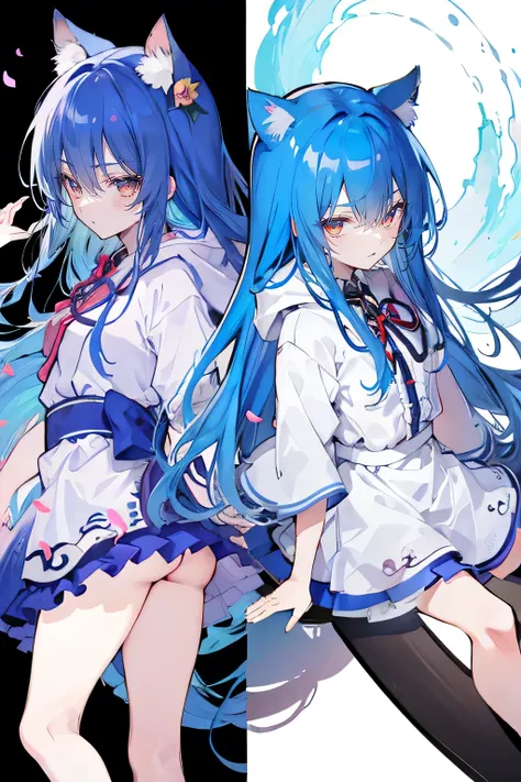 （masterpiece：1.2），Super detailed，lifelike，Expressive eyes，fair skin，perfect face shape，1 girl，
Japanese comics,Gorgeous blue hair,flowing blue hair,flowing clothes,Cat ears,Petals fall,beautiful lola,Baby Angel,
Shaking head with one hand，Cross your legs，G...