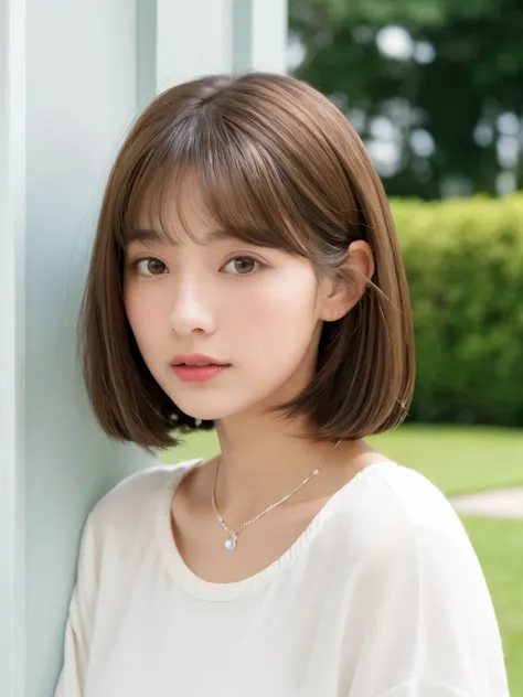 close-up of a brown-haired woman in a white shirt, shoulders - length hair, medium length hair, curtain bang, medium length hair...