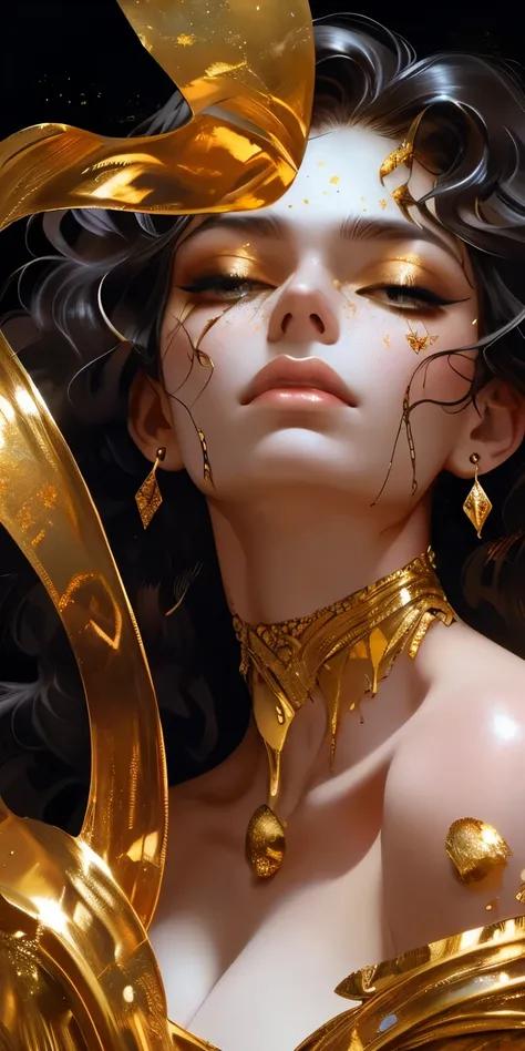 intimate full body shot head to toe face beautiful female face half encrusted with cracked angry gold and silver leaf, wavy hair...