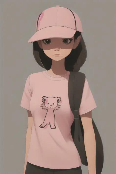 sd mai, flat illustration, woman wearing houndstooth  pink  T-shirt, ballcap || sd mai, flat illustration, masterpiece, 8k, high resolution, shallow depth of field, sharp focus