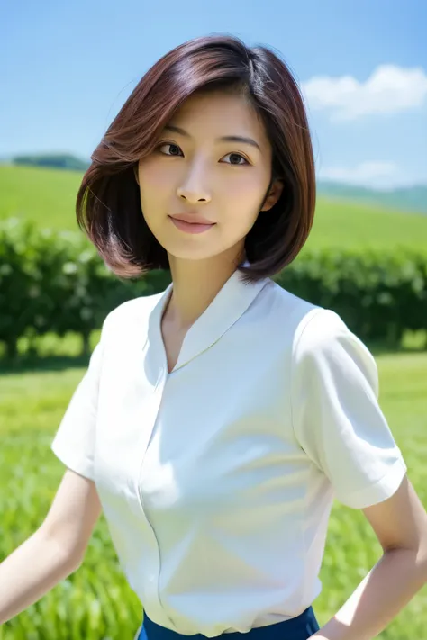 Skinny Japanese 40s woman, good wife, cute face, detailed face, detailed eyes, neat and clean, short-sleeve white shirt, walking along river, early summer, fine weather, clear sky, green fields, portrait