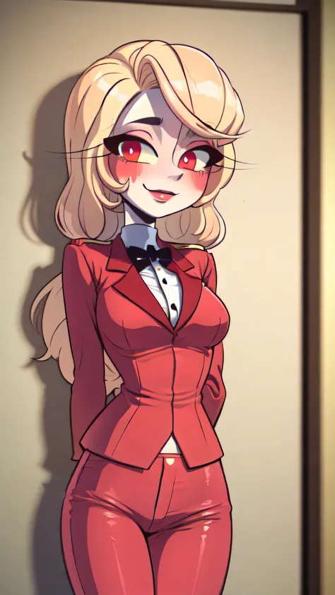 (masterpiece, best quality:1.2), solo, 1girl, charlie morningstar, colored skin, smile, looking at viewer, arms behind back, colored sclera, red jacket, bowtie, red pants