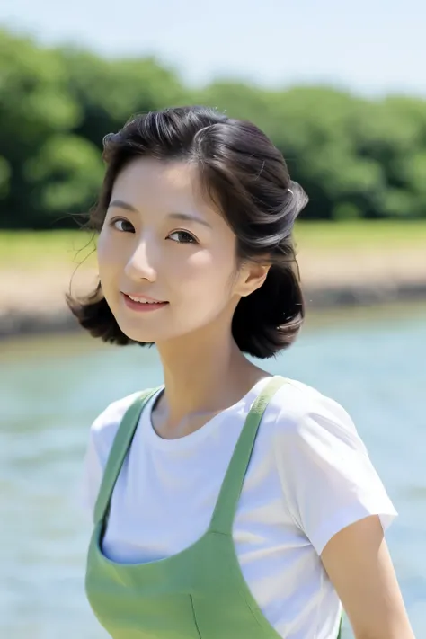 Skinny Japanese 40s woman, good wife, cute face, detailed face, detailed eyes, neat and clean, short-sleeve white shirt, walking along river, early summer, fine weather, clear sky, green fields, portrait