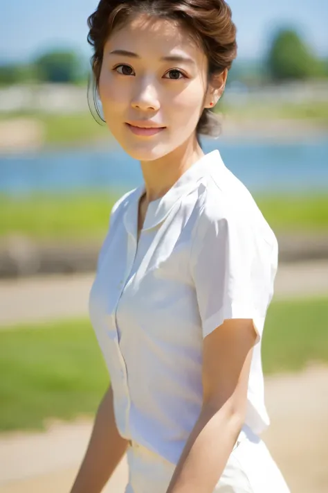 Skinny Japanese 40s woman, good wife, cute face, detailed face, detailed eyes, neat and clean, short-sleeve white shirt, walking along river, early summer, fine weather, clear sky, green fields, portrait