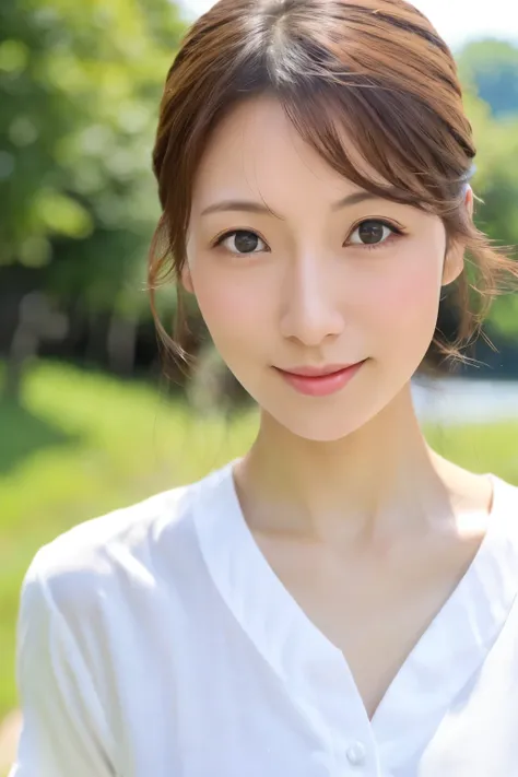 Skinny Japanese 40s woman, good wife, cute face, detailed face, detailed eyes, neat and clean, short-sleeve white shirt, walking along river, early summer, fine weather, clear sky, green fields, portrait