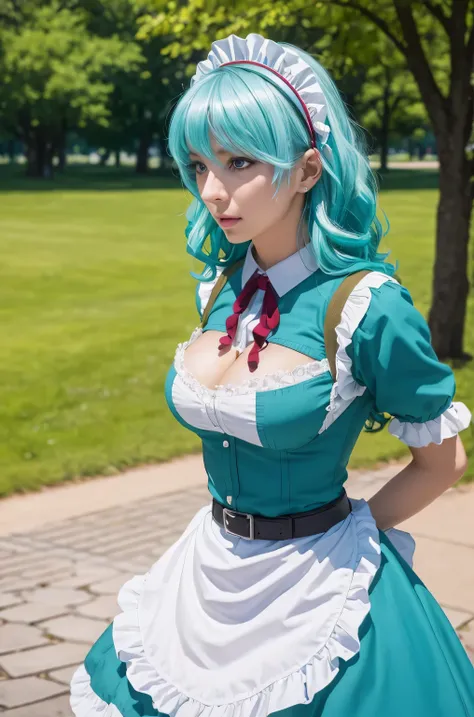 photorealistic, (4k), depth of field, (Masterpiece), (realistic skin texture), extremely detailed, intricate, hyper detailed, professional photography, bokeh, high resolution, sharp detail, best quality, girl, aqua hair, blue eyes, aqua maid dress, maid he...