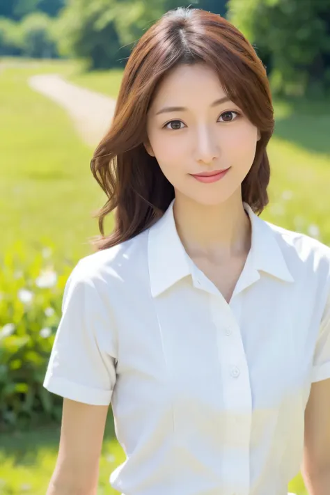 Skinny Japanese 40s woman, good wife, cute face, detailed face, detailed eyes, neat and clean, short-sleeve white shirt, walking along river, early summer, fine weather, clear sky, green fields, portrait