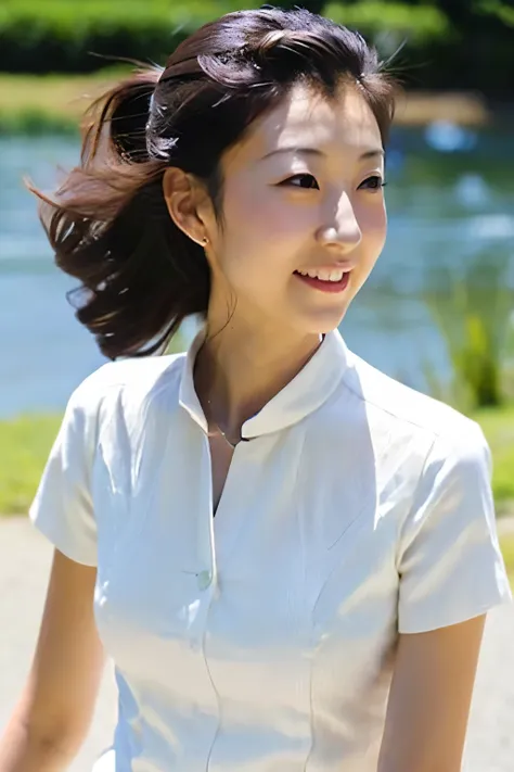 skinny japanese 40s woman, good wife, cute face, detailed face, detailed eyes, neat and clean, short-sleeve white shirt, walking...