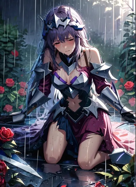 A girl, kneeling in the floor, wearing a shattered and broken  princess armor, missing pieces ,ripped clothes, broken helmet ,broken shield  and broken sword, in tears, sad, dramatic scene, tears flowing in the face, garden, roses, rain, ultra detailed fac...