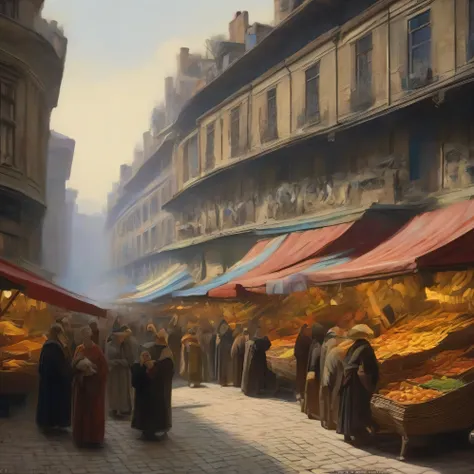 painting of a market with people shopping and selling fruit and vegetables, by Johan Grenier, by Eugène Brands, inspired by Carl Spitzweg, by Albert Joseph Pénot, street market, leon francois comerre, karl spitzweg. unreal engine, by Édouard Debat-Ponsan, ...