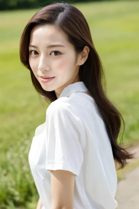 Skinny Japanese 40s woman, good wife, cute face, detailed face, detailed eyes, neat and clean, short-sleeve white shirt, walking along river, early summer, fine weather, clear sky, green fields, portrait