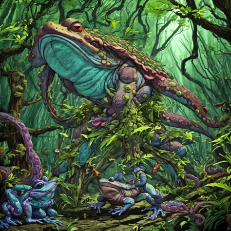 (a creepy toad, enormous, brightly colored, tentacle tongue) stalks through an ancient forest