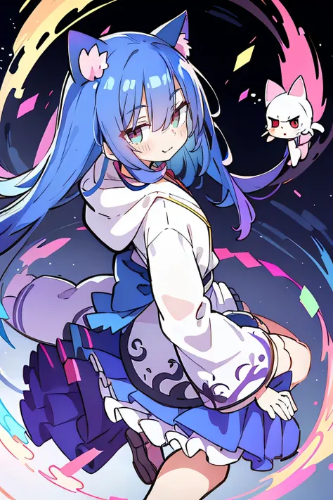 （masterpiece：1.2），Super detailed，lifelike，Expressive eyes，fair skin，perfect face shape，1 girl，
Japanese comics,Gorgeous blue hair,flowing blue hair,flowing clothes,Cat ears,Petals fall,beautiful lola,Baby Angel,
Shaking head with one hand，Cross your legs，G...