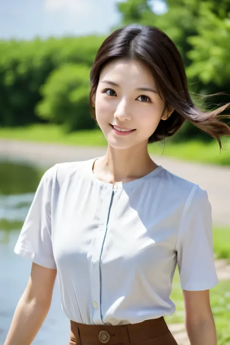 Skinny Japanese 40s woman, good wife, cute face, detailed face, detailed eyes, neat and clean, short-sleeve white shirt, walking along river, early summer, fine weather, clear sky, green fields, portrait