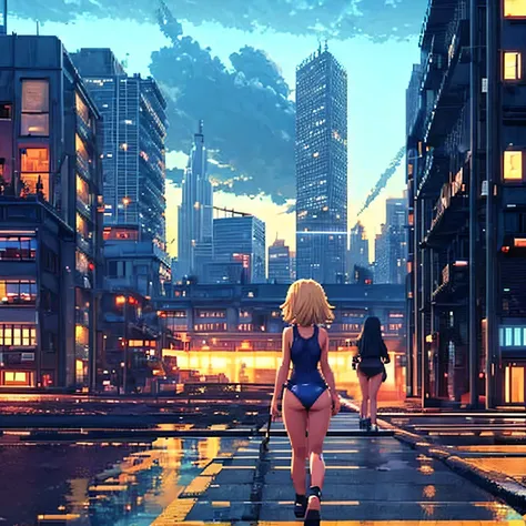 ((Girl in swimsuit walking)), towards the dark and destroyed city, with light touch of lighting, anime style landscape, decaying city, poor lighting, girl walking in the city, destroyed city, planet seen in the sky, pixel art