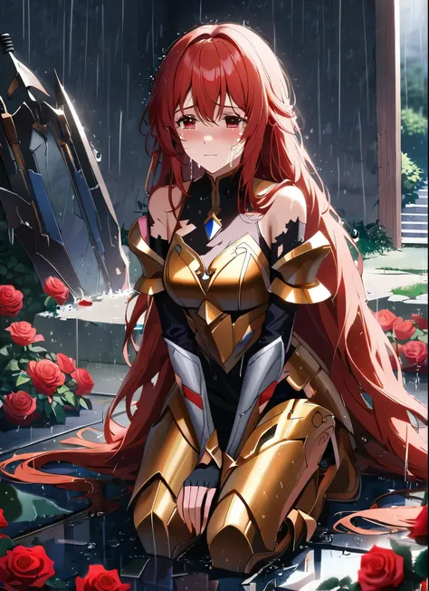 A girl, kneeling in the floor, wearing a shattered and broken princess golden armor, missing pieces ,ripped clothes, broken helmet ,broken shield  and broken sword, in tears, sad, red hair, ultra long hair dramatic scene, tears flowing in the face, garden,...