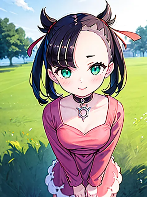 ((Marnie:1.2)),1 girl, (masterpiece, highest quality, highest quality, Official Art, beautifully、aesthetic,:1.2), blush, smile, Mouth closed, Grass, god&#39;Light, blue sky, nature, light, Light Thighs with slenderness, Sitting, (Holding nothing but my kne...