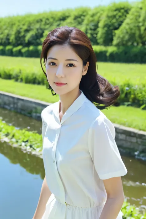 Skinny Japanese 40s woman, good wife, cute face, detailed face, detailed eyes, neat and clean, short-sleeve white shirt, walking along river, early summer, fine weather, clear sky, green fields, portrait