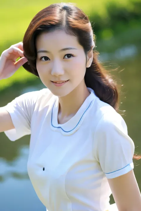 Skinny Japanese 40s woman, good wife, cute face, detailed face, detailed eyes, neat and clean, short-sleeve white shirt, walking along river, early summer, fine weather, clear sky, green fields, portrait