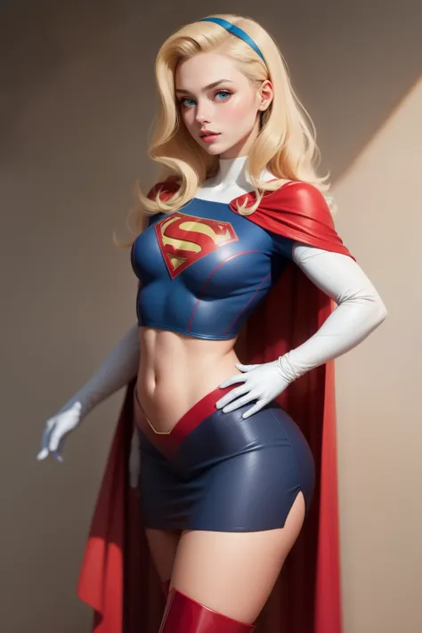 sexy Supergirl long blonde hair and blue eyes, black hairband, white croptop, short sleeves, red cape, blue pencil skirt, red boots, white gloves