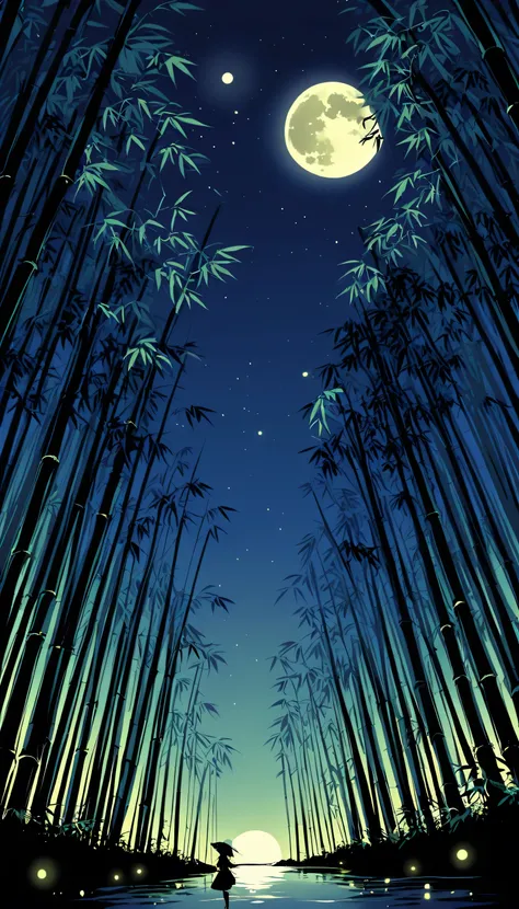 quiet night, Quiet bamboo forest, Bamboo leaves falling in the wind, Full moon in the sky, Fireflies are flying