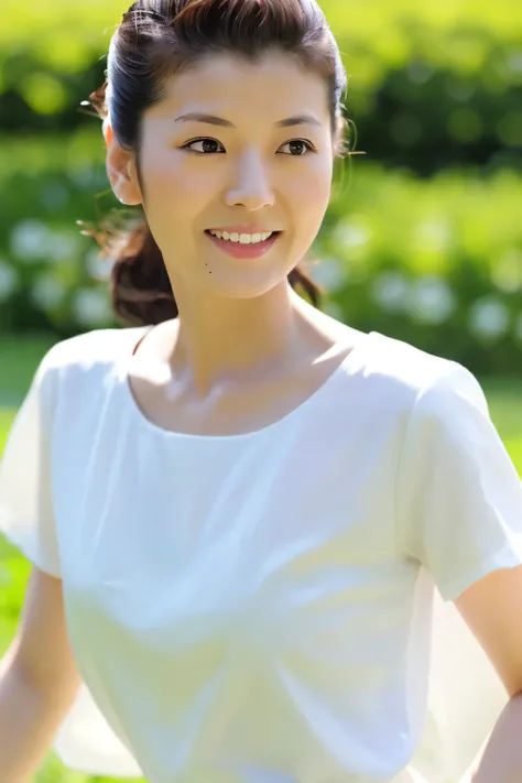 Skinny Japanese 40s woman, good wife, cute face, detailed face, detailed eyes, neat and clean, short-sleeve white shirt, walking along river, early summer, fine weather, clear sky, green fields, portrait