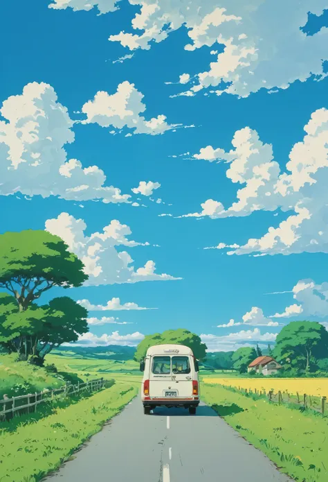 (minimalism:1.4), a minibus on the road, studio ghibli art, miyazaki, pasture with blue sky and white clouds