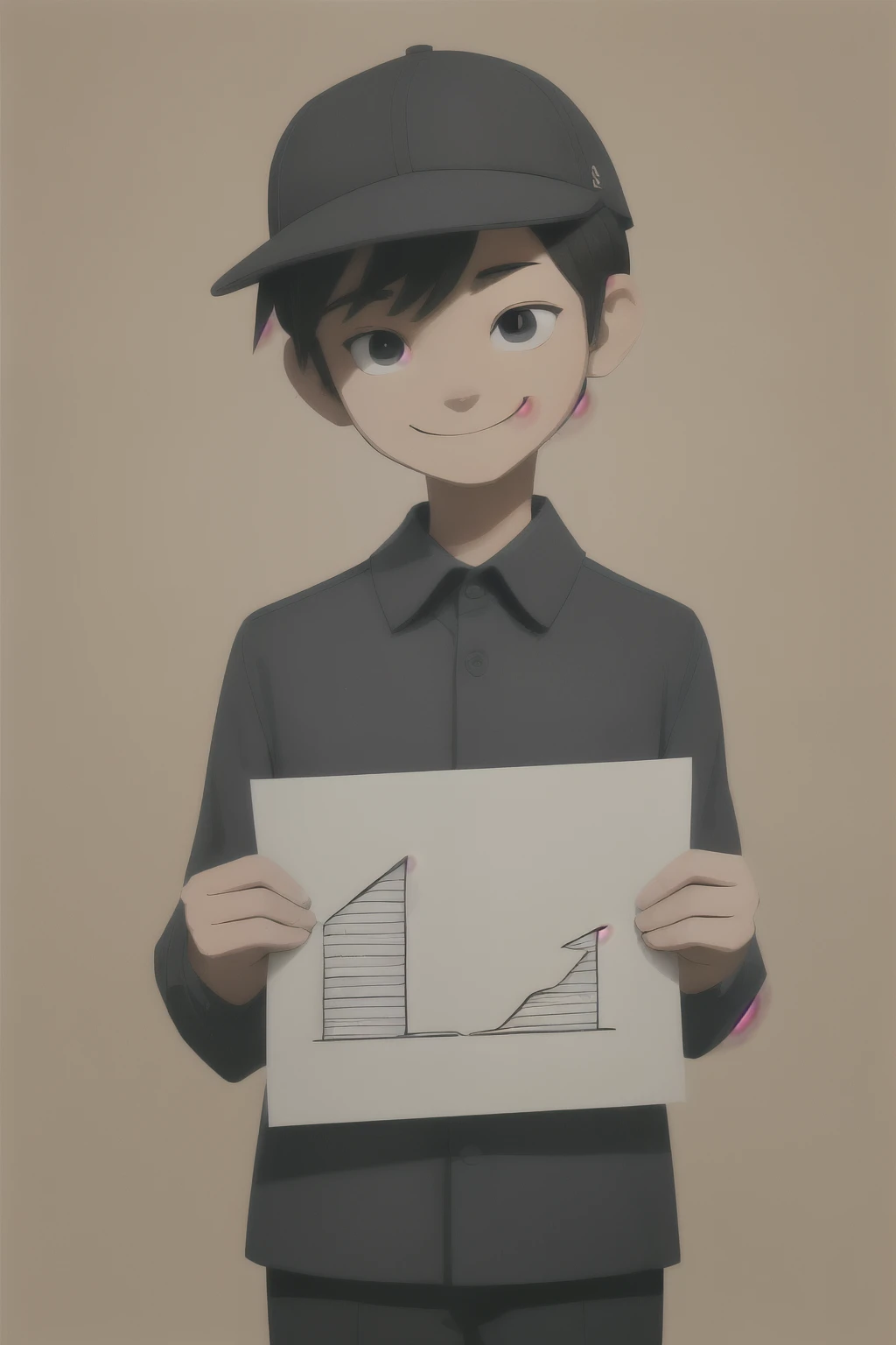 sd mai, flat illustration, Boy wearing houndstooth dark blue long sleeve shirt, ballcap || sd mai,(shading),(cool hairstyle),,(slightly smiling),(holding a single paper in hands),advertising, flat illustration, masterpiece, 8k, high resolution, shallow dep...
